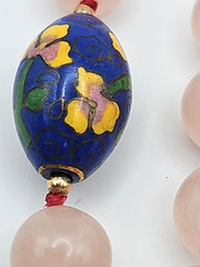 VINTAGE Rose Quartz Bead Necklace Pink Cloisonne Floral Spacer Knotted 32in