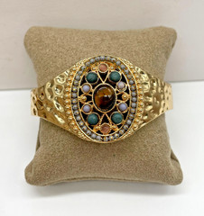 VTG Signed Boho Hammered Gold tone Faux gem Wire choker & hinged bracelet set