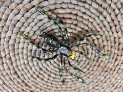 Jeweled Spider Brooch Gold Tone Enamel Green/ Black Large 3.5 in