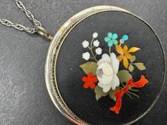 Antique Sterling Pietra Dura Pendant/Chain Floral Mosiac