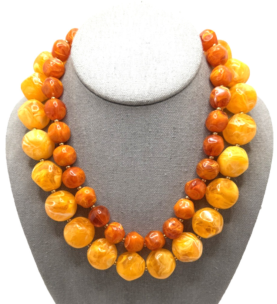 Vintage Double Strand Beaded Choker Necklace Orange Lucite Swirl Mid Century 18″