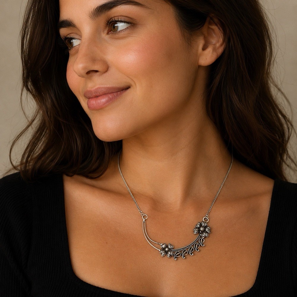 Vtg 70s Necklace 925 Silver S Hook Flower Curved Bib Boho Chic Wirework 16”