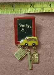 Cookie Lee #1 Teacher Chalkboard Bus Brooch Pin w/ dangle charms Math Ruler