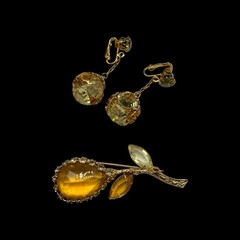 Demi Parure Caged Drop Clip Earrings & Flower Brooch Pin Topaz & Citrine Glass