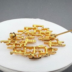 Vintage Gold Tone Metal Faux Pearl Accent Brooch Abstract Mid Century Brutalist