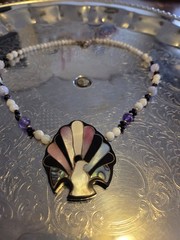 Vintage Lee Sands Art Deco Style Peacock Fan Pendant Gemstone Unsigned Necklace