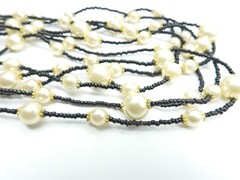 Off White Faux Pearl Black Beaded Multi Strand Necklace Vintage