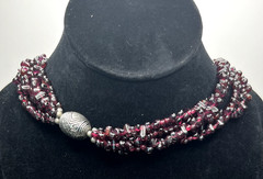 Vintage 3-Strand Garnet Chip Necklace 20” w/ Tribal Silver Beads – 92g Artisan S