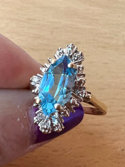 VINTAGE 10K YELLOW GOLD MARQUISE CUT BLUE TOPAZ AND DIAMONDS RING