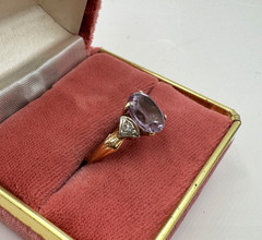 14K REAL SOLID YELLOW GOLD HALLMARKED TESTED GORGEOUS RING AMETHIST DIAMOND