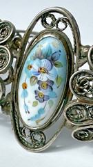 Vintage Painted Floral Motif Enamel Cuff Bracelet W/ Ornate Filigree