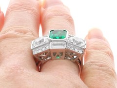French Art Deco 1.72Ct Emerald and 3.51Ct Diamond Platinum Ring Circa 1935