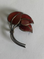 Vintage Sterling Silver Hans Myhre Norway Brooch Red Enamel Leaf Brooch Pin