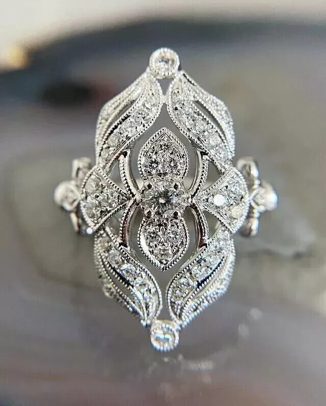 Vintage Art Deco Style Lab Created Diamond Engagement 14K White Gold Finish Ring
