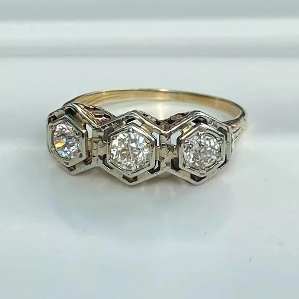 Art Deco Round Cut Lab Created Diamond Three-Stone 14K Gold Finish Wedding Ring