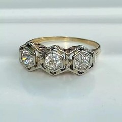 Art Deco Round Cut Lab Created Diamond Three-Stone 14K Gold Finish Wedding Ring