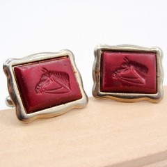 Vintage Silver Tone Red Lucite Horse Head Cufflinks Tie Bar Clip Set Equestrian