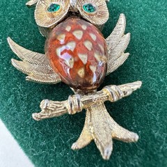 Vintage 1970s Owl Pendant Necklace Gold Tone Glazed Ceramic Orange Brown 24”