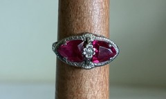 Antique Art Deco 14K ADR White Gold Synthetic Ruby Filigree Marquise Ring Sz 6.5