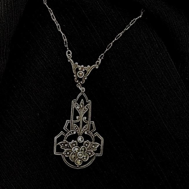 1915 Antique Art Noveau Sterling Silver & Marcasite Drop Necklace