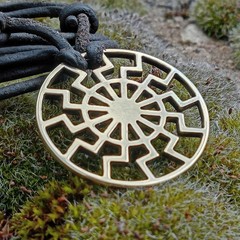 Black Sun Pendant Necklace – Brass Sonnenrad Medallion on Black Cord