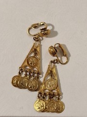 Vintage Gold Tone French Coin Chandelier Clip On Earrings Republique Francaise
