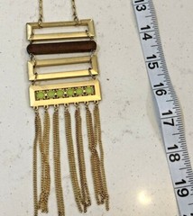 Unique Statement Gold Tone Necklace with Pendant Wood Rhinestone Dangle Boho Art