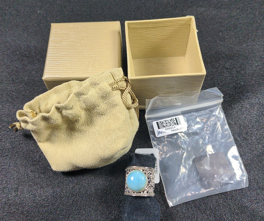 Round Cabochon Larimar Sterling Silver Wide Floral Band Ring & Original Package