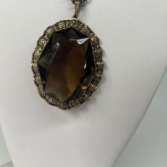Vintage Large Brown Smoky Quartz Color Cushion Cut Pendant Necklace Gold Tone