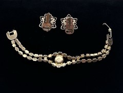 Vtg -1950s-ORANGE AMBER-Rhinestone-BRACELET and Floral EARRINGS SET-Gold Tone