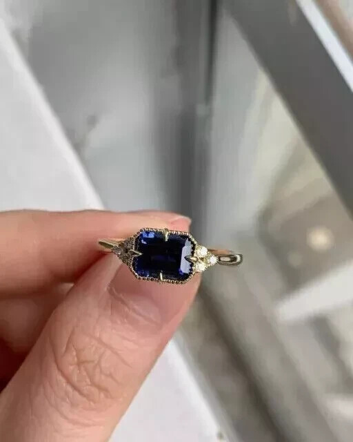 Art Deco Style Emerald Cut Sapphire Lab Created Diamond 14K Gold FN Wedding Ring