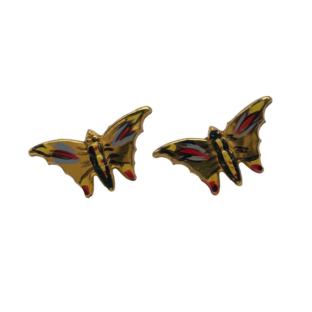 Vintage Butterfly Earrings Gold Tone Sterling Silver Hand Painted Clip On