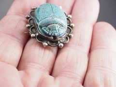 Antique brooch pin Egyptian scarab silver & ceramic jewelry signed in two places
