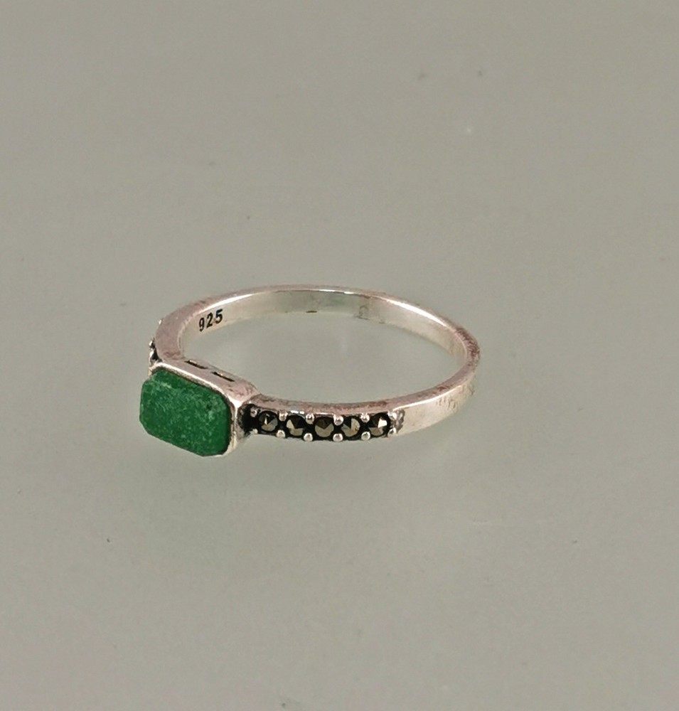 Silver Ring Green Jade Markasite Art Deco 925 Silver Size 56