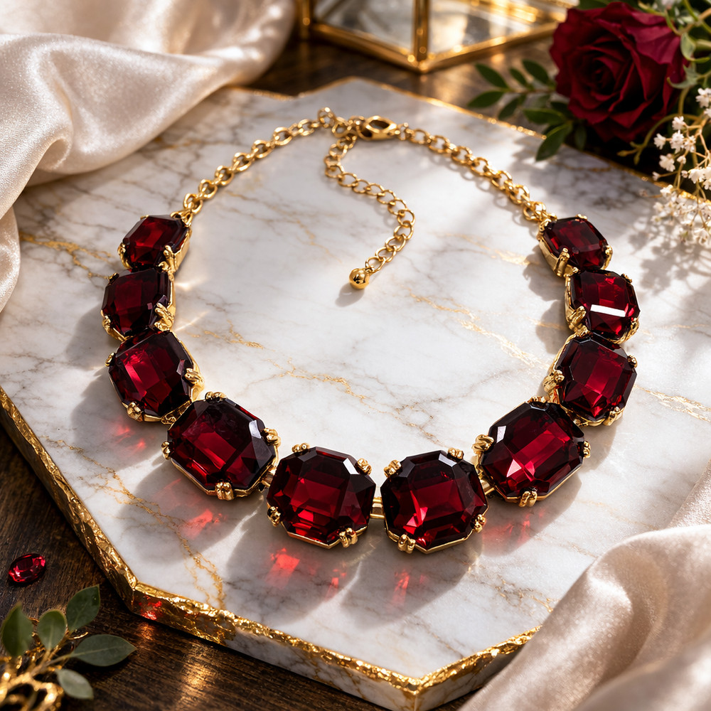 Elegant Vintage Art Deco Garnet Glass Riviera Necklace Rich Red Stones Gold Tone