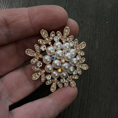 Vintage Gold Tone Clear & AB Rhinestone Faux Pearl Snowflake Domed Brooch Pin