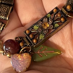 Vintage Faux Opal Heart, Japan Glass,& Book Chain Links Bracelet, Integrated New
