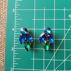 Vintage Blue Rivoli and Dark Green Marquise Brooch and Earrings Goldtone Set