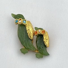 Vintage Swoboda Brooch Pin Jade Carved Penguin Bird Mom Baby Gold Tone Estate