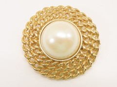 Jewelry Set Cabochon Faux Pearl Brooch Pin Earrings Gold Tone Cable VTG D2200