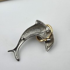 Silver Gold Dolphin Brooch Brushed Vintage Signed Lady Remington LR 1970s