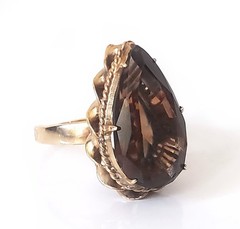 Retro 14K Gold 30s-40s Vintage Smoky Quartz Topaz 10 Ct Pear Huge Cocktail Ring