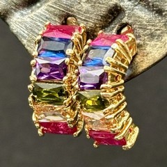 Vintage Gretchen Gray Sterling Silver Rainbow Baguette Huggie J Hoop Earrings