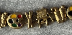 Slide Charm Bracelet Gold Tone Artist Painter Theme Paint Palette Easel Brushes