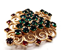Vintage Signed Hobe Christmas Tree Brooch Gold-tone Green and Red Rhinestones