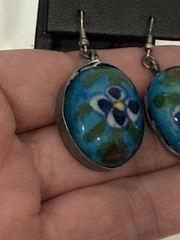 Old Rostov Finift (?) Silver & Hand Painted Domed Porcelain Dangle Earrings