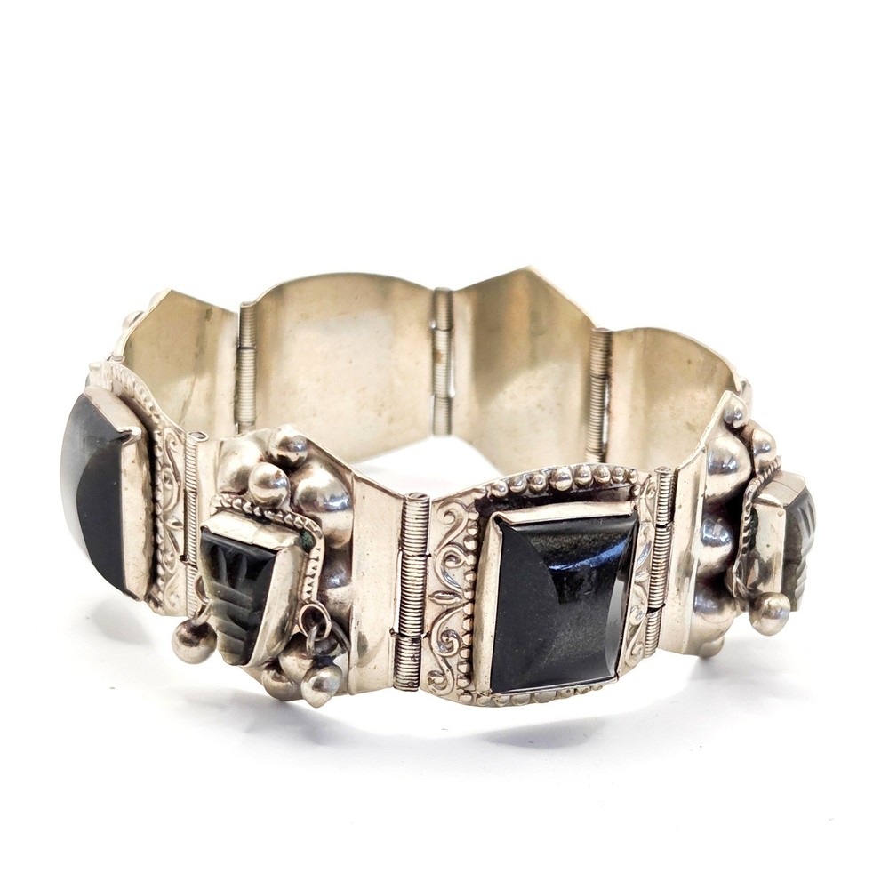 Vintage Mexican Alpaca Silver Obsidian Mask Panel Link Bracelet Hecho En Mexico
