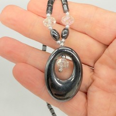 Vintage Necklace Hematite Beads and Pendant Glass Crystals 17 Inches