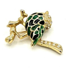VTG Brooch Bird Pin Gold Tone Enamel Green Black Rhinestone Sparkly 1.25″
