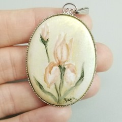 Vintage Pink and Green Painted Flower Pendant, Oval Silver Tone Setting, Signed